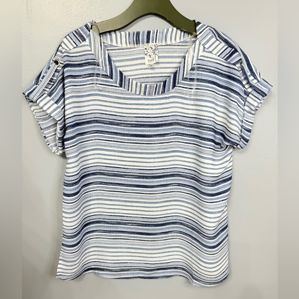 #12)  NAIF Women's Blue and White Striped Short Sleeve Top